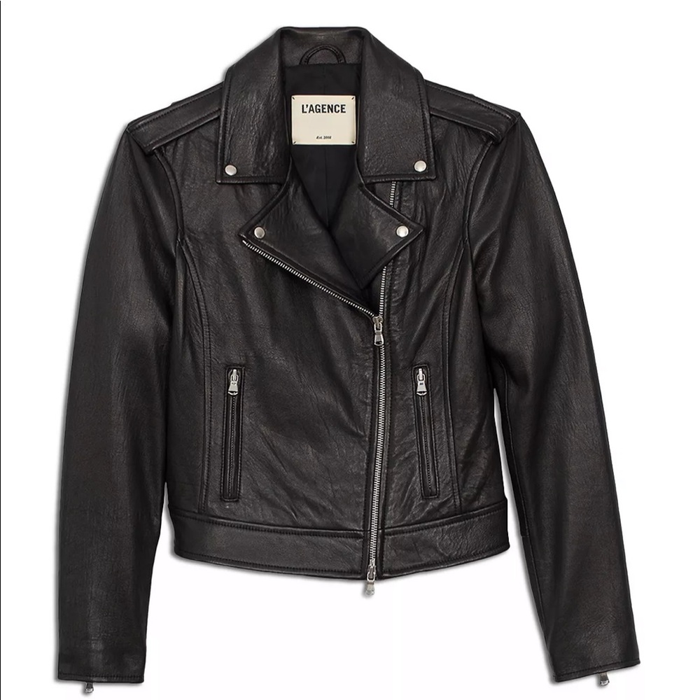 Lamb skin black biker leather jacket lagence